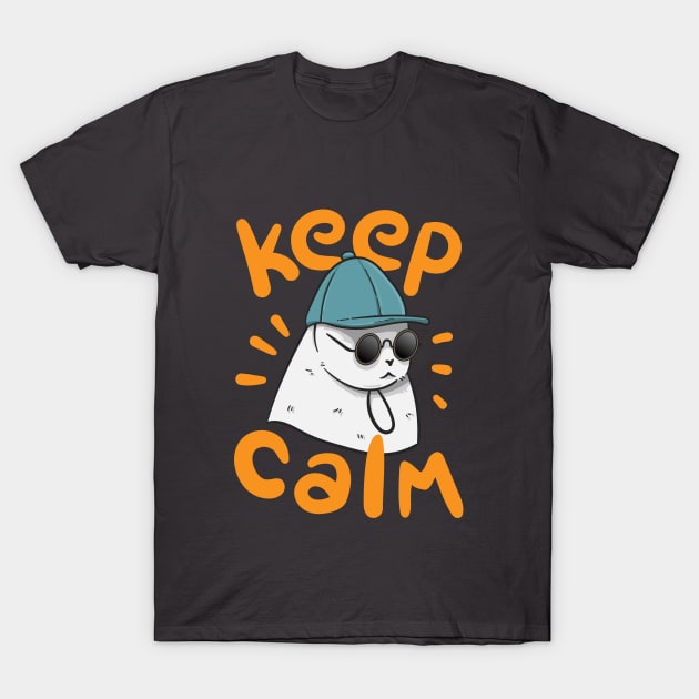 Illustration of a white cat wearing glasses and a hat "Keep Calm" T-Shirt by Wahyuwm48